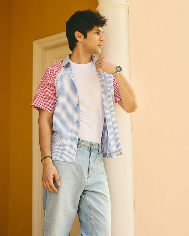 Rian Blue and Pink Cotton Checks Printed Shirt