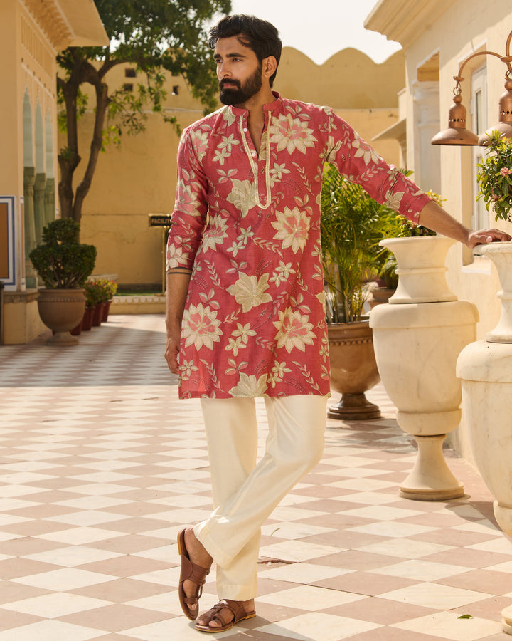 Kshitij Mauve Printed Chanderi Kurta