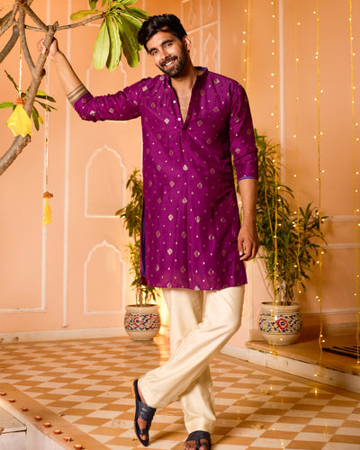 Prakashit Purple Jacquard Kurta