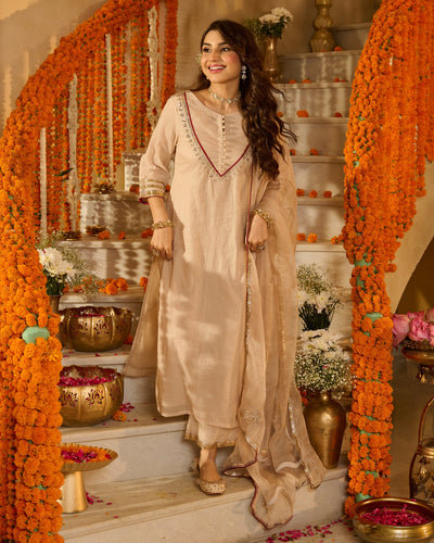 Aarush Beige Solid Chanderi Suit Set