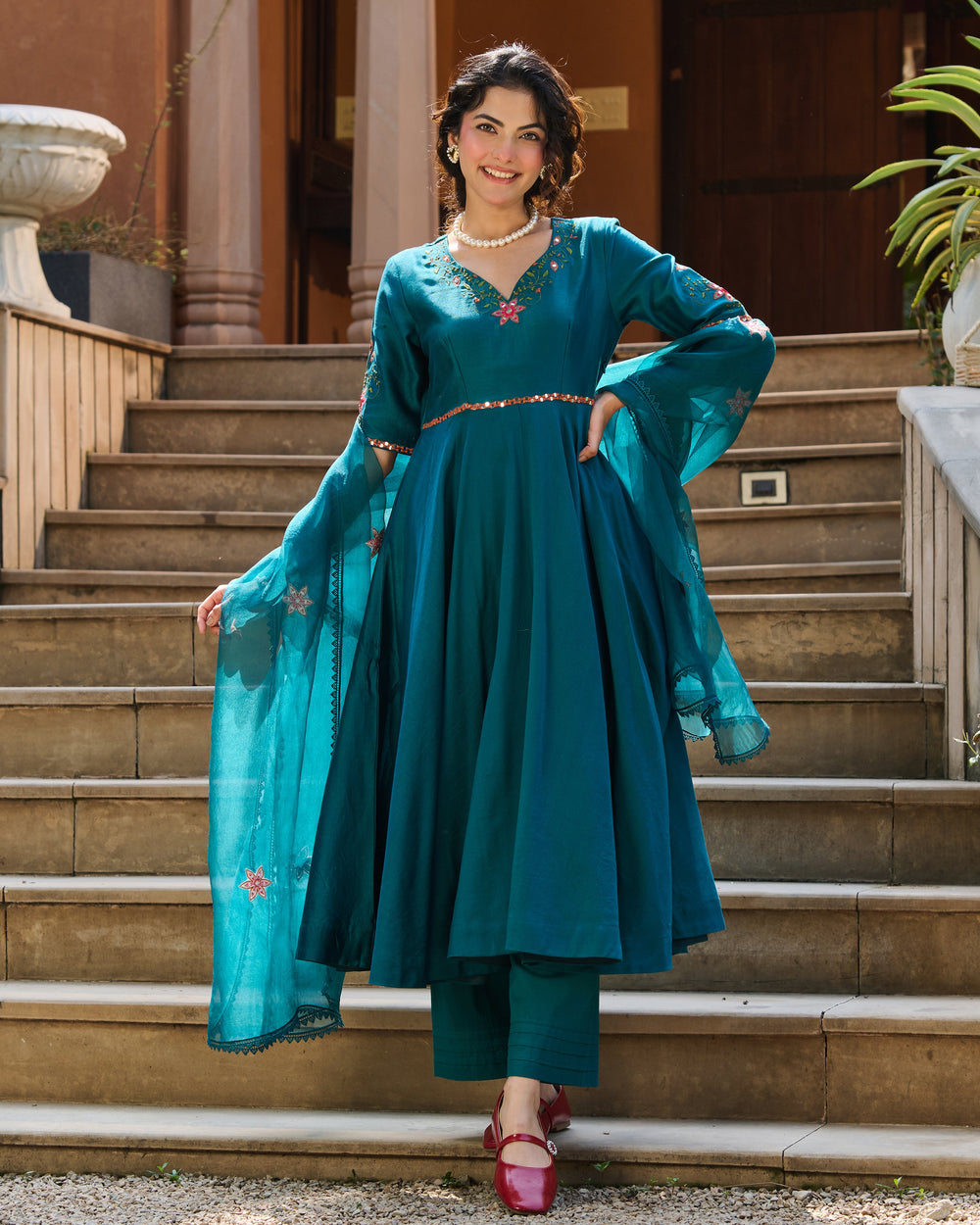Aavya Green Embroidered Roman Silk Suit Set