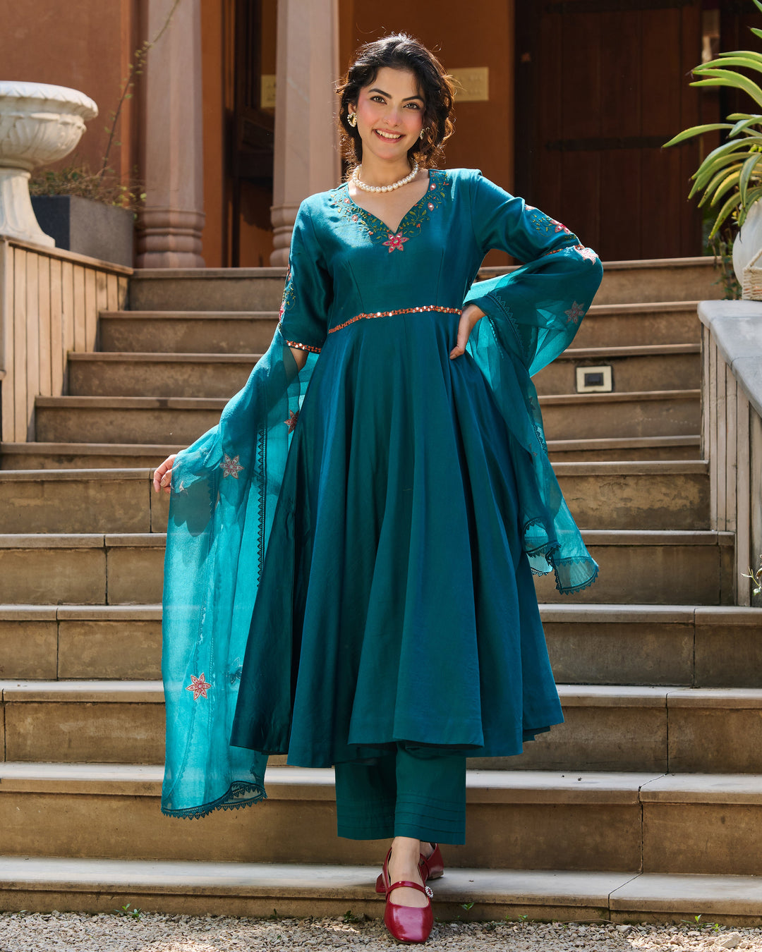 Aavya Green Embroidered Roman Silk Suit Set