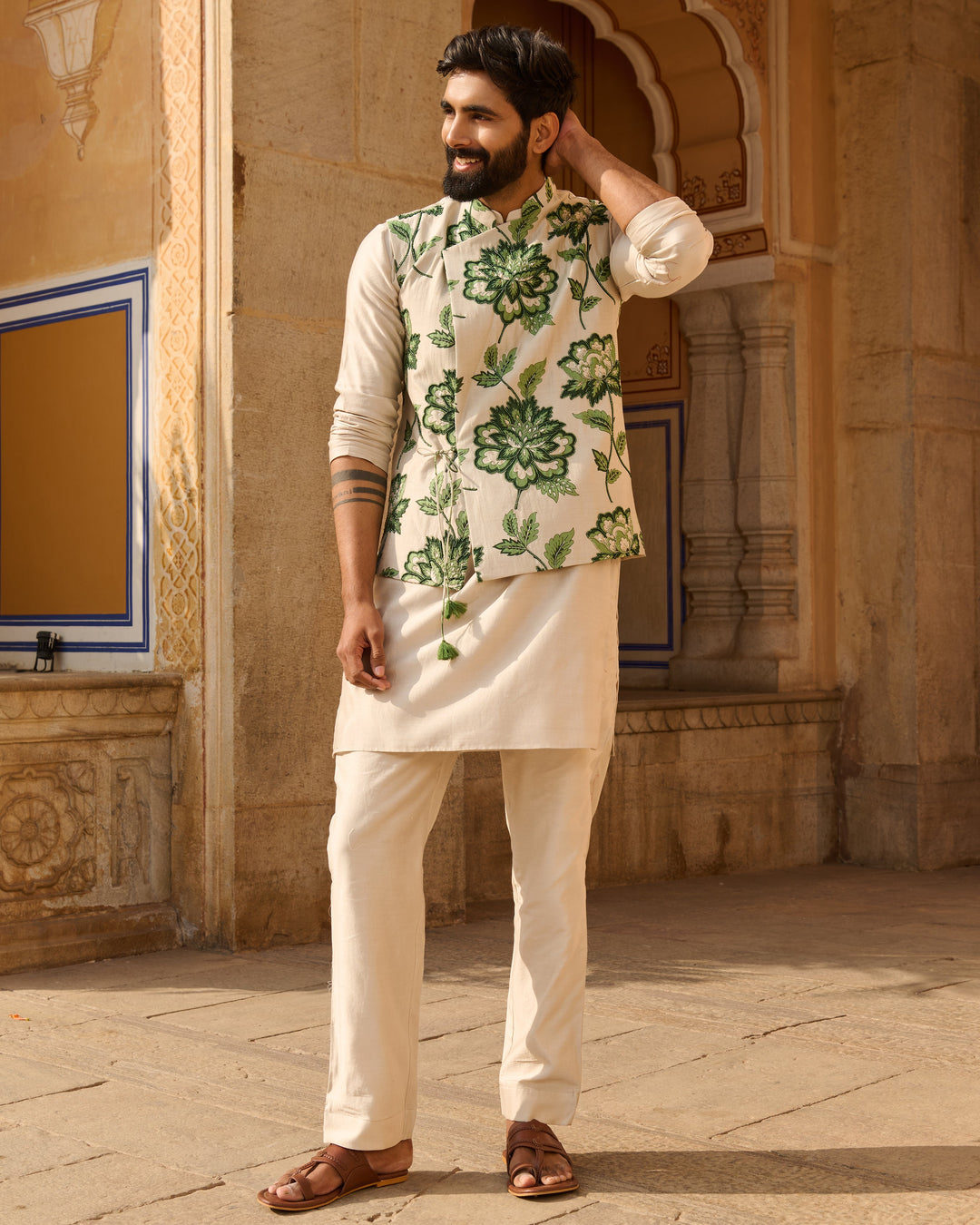 Omkar Grey Printed Chanderi Jacket And Kurta Set