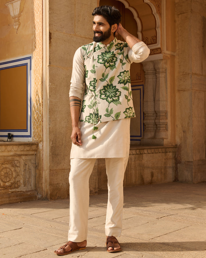 Omkar Grey Printed Chanderi Jacket And Kurta Set