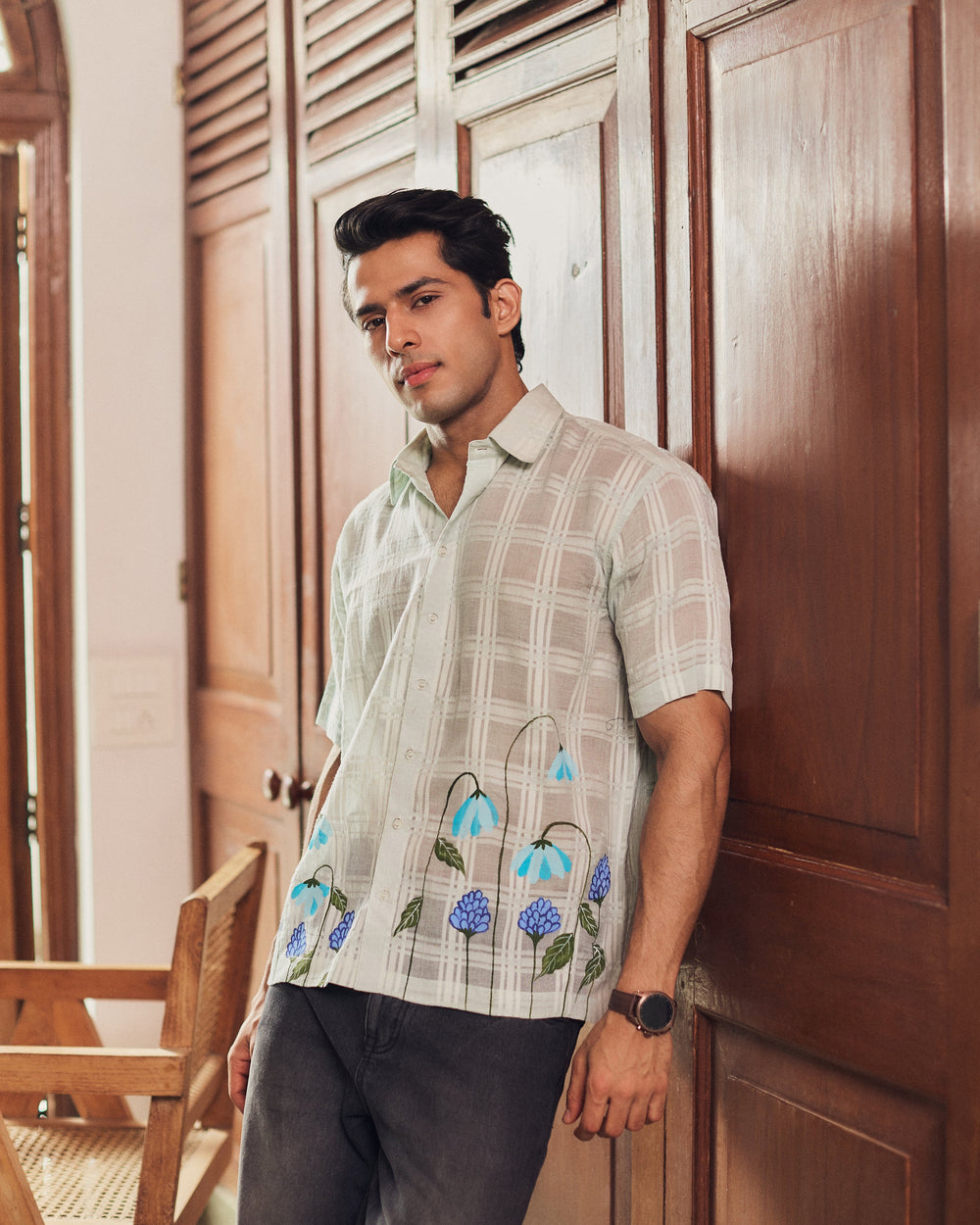 Shrey Light Blue Cotton Dobby Handpainted Shirt