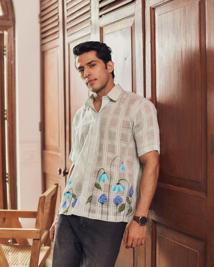 Shrey Light Blue Cotton Dobby Handpainted Shirt