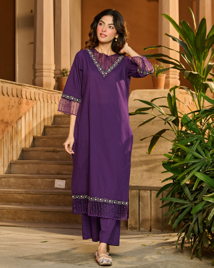Ele Purple Embroidered Cotton Kurta Set
