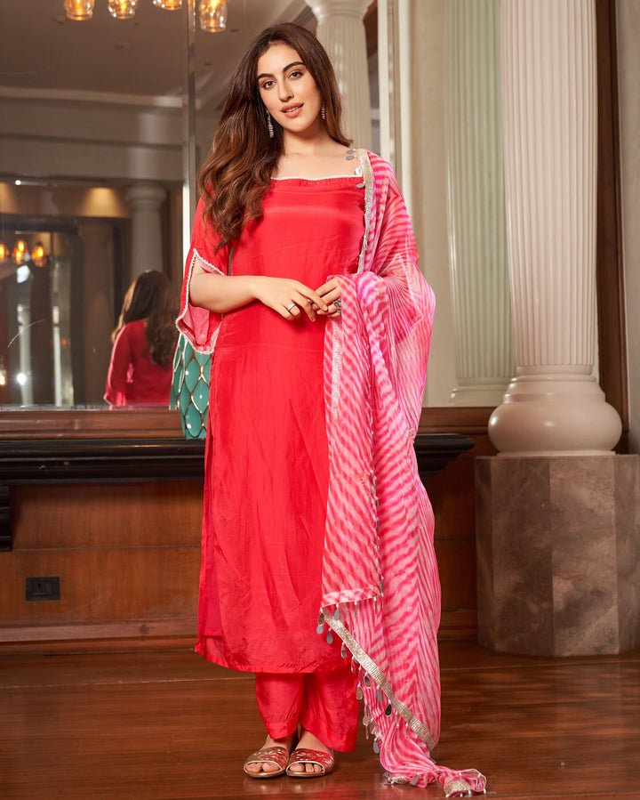 Krushi Pink Leheriya Silk Suit Set