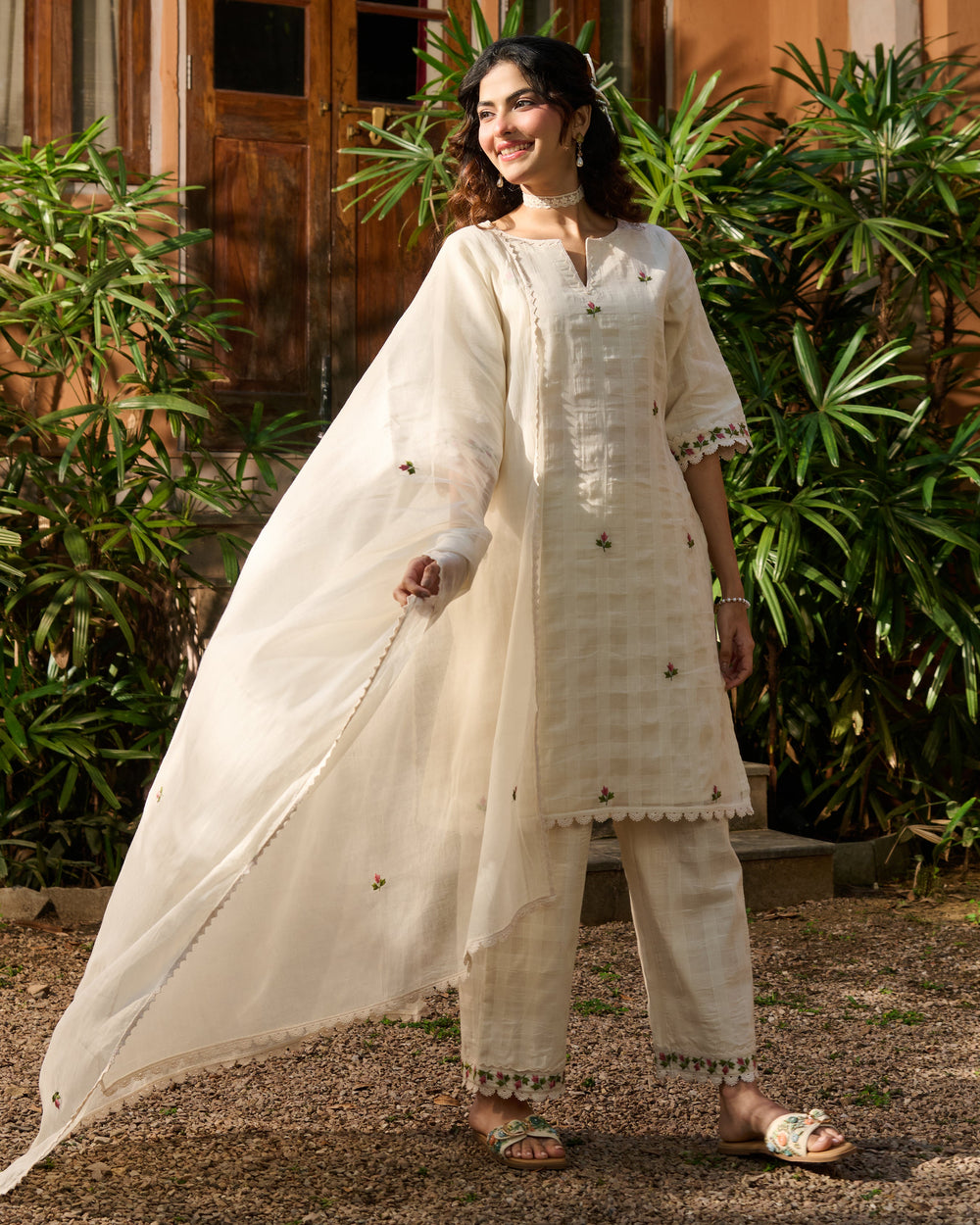 Vayu Off White Embroidered Cotton Checks Suit Set