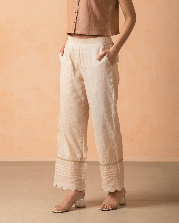 Arisya Beige Chanderi Solid Straight Pants