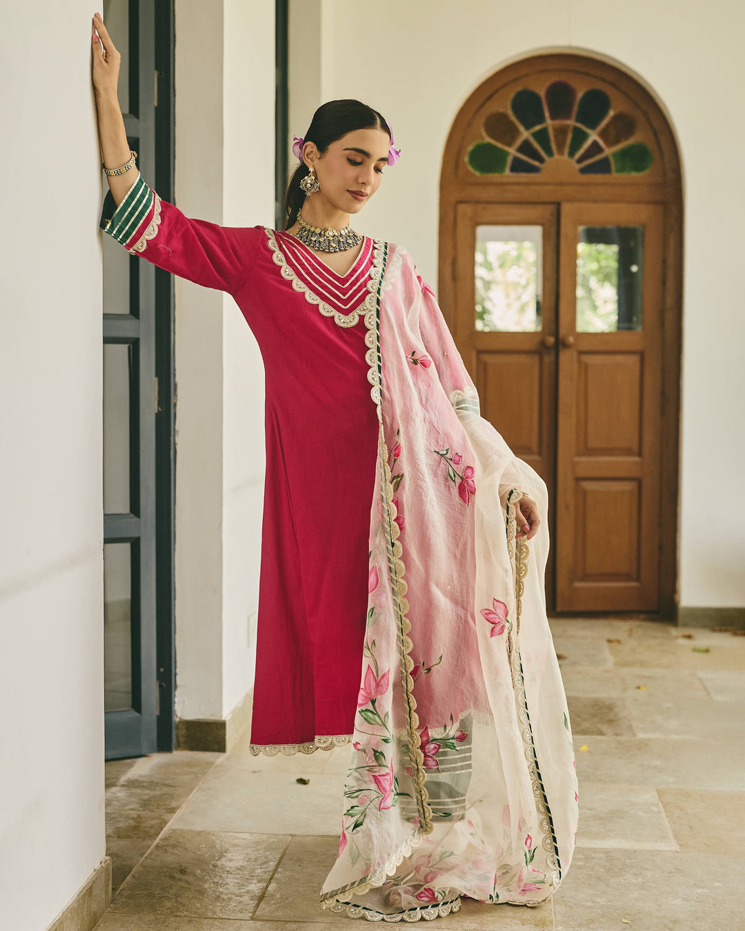 Zirel Pink Handpainted Cotton Suit Set