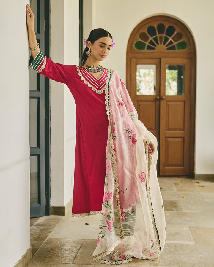 Zirel Pink Handpainted Cotton Suit Set
