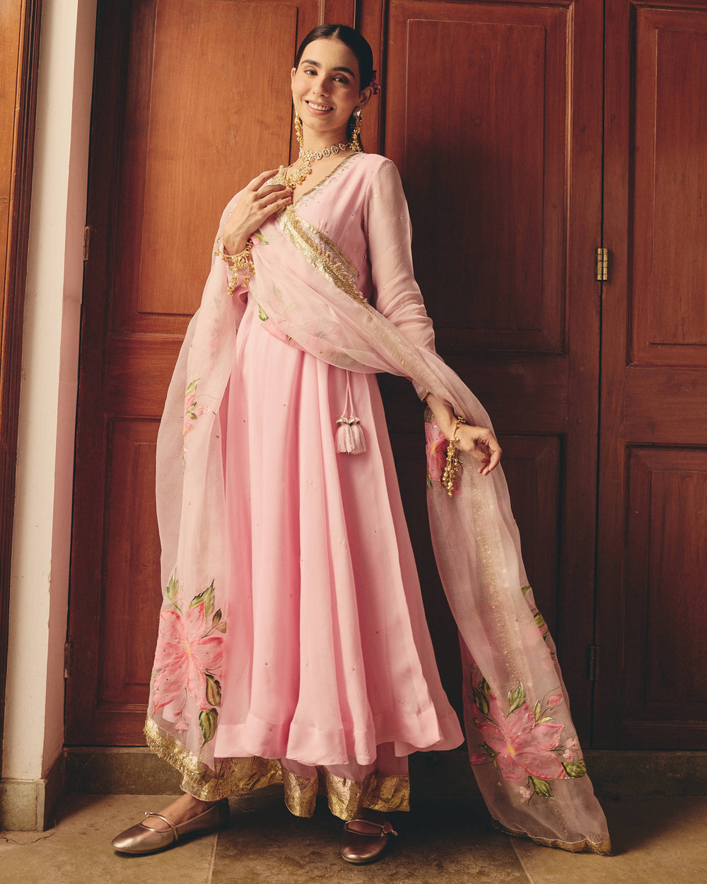 Kalpini Pink Handpainted Viscose Organza Suit Set