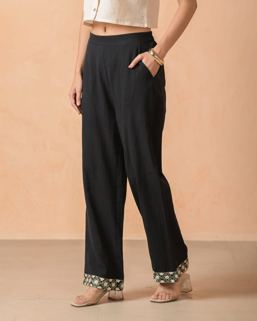 Vanya Black Flex Embroidered Straight Pants