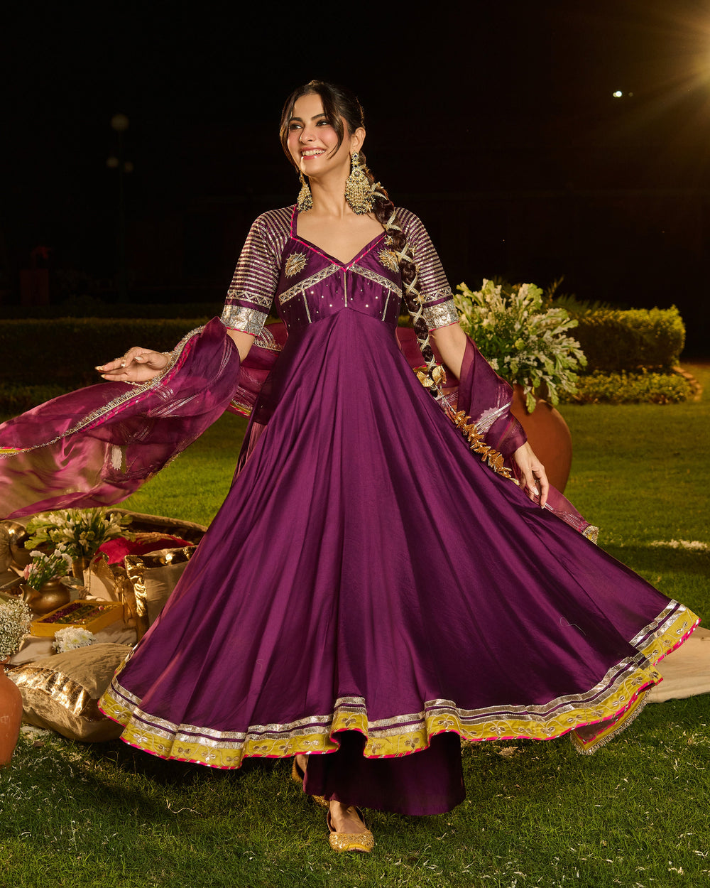 Pravya Purple Embroidered Chanderi Suit Set