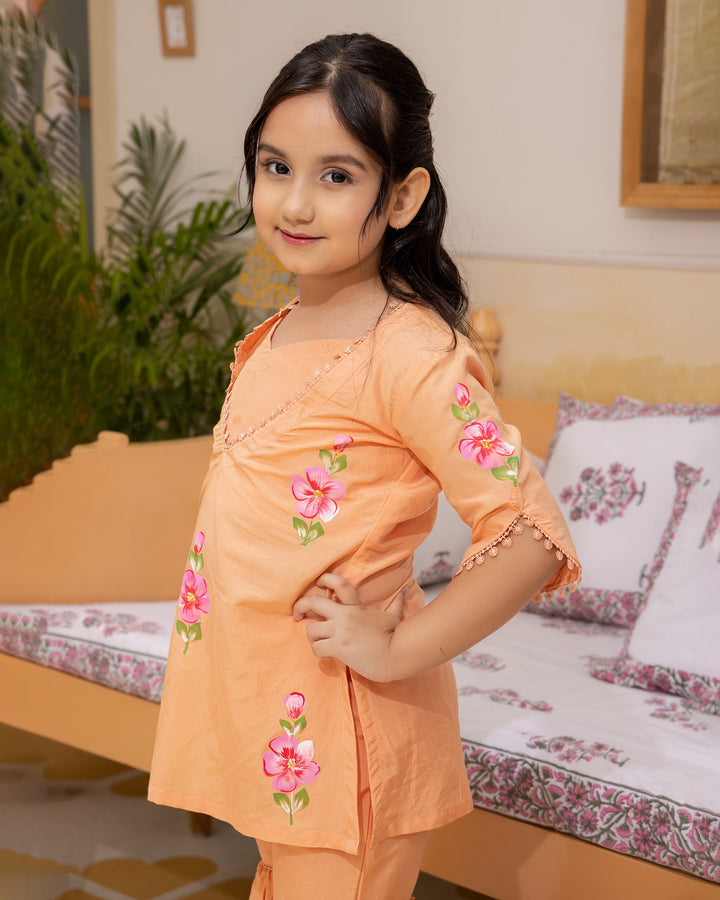 Posie Orange Handpainted Chanderi Coord Set