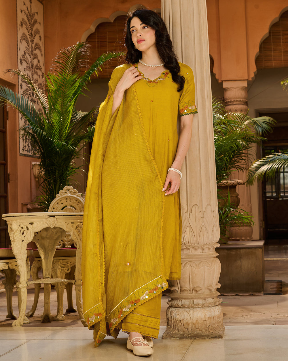 Saaz Mustard Embroidered Chanderi Suit Set