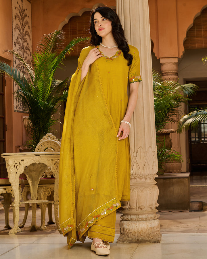 Saaz Mustard Embroidered Chanderi Suit Set