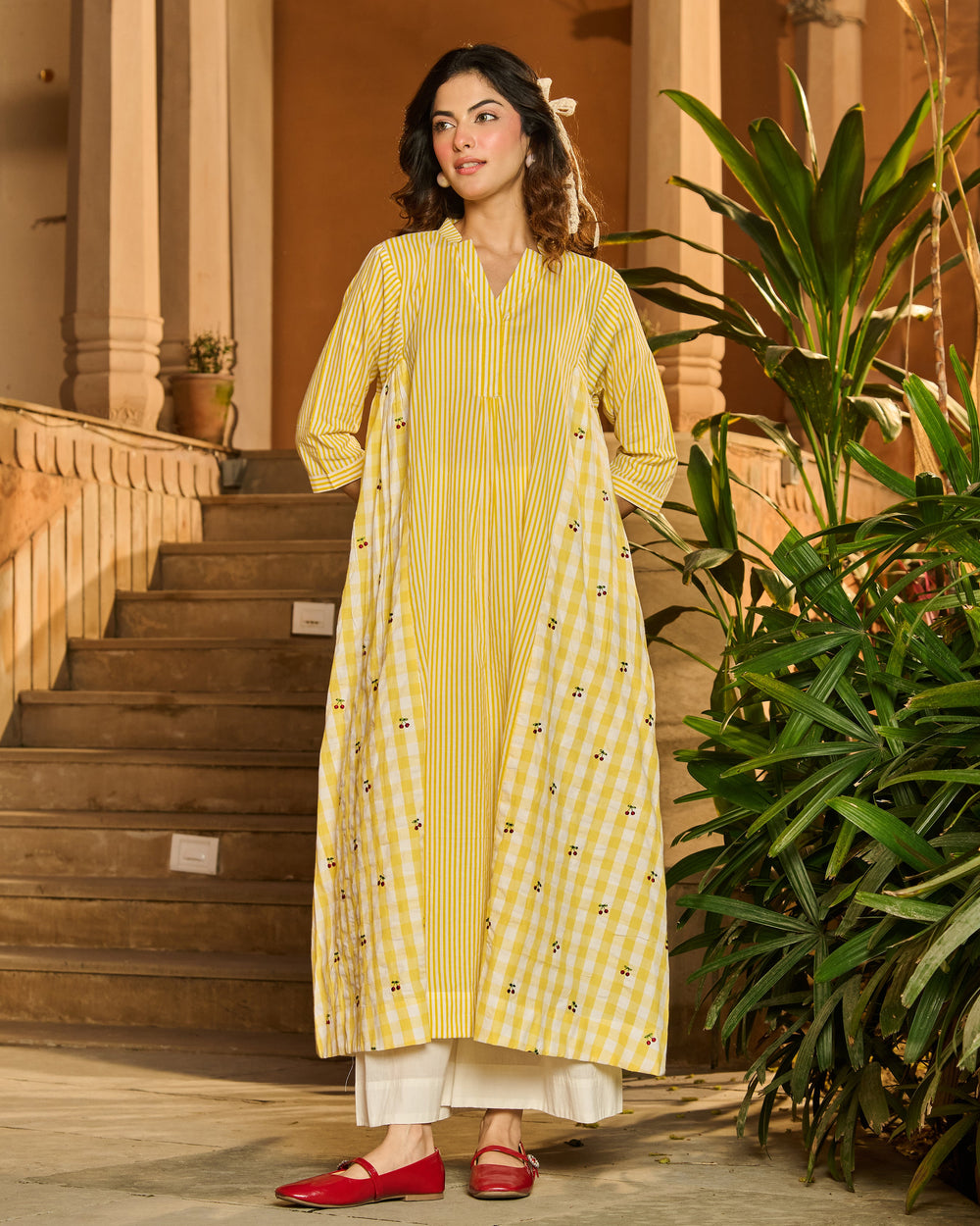 Elise Yellow Printed Stripes and Checks Cotton Kurta Set