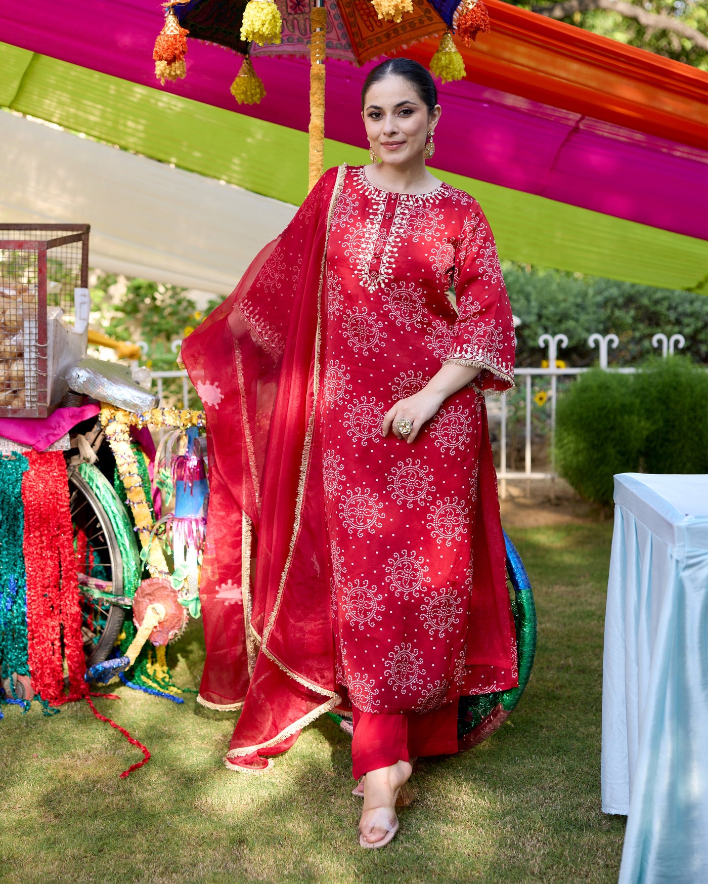 Vaidehi Maroon Bandhani Satin Suit Set