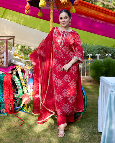 Vaidehi Maroon Bandhani Satin Suit Set