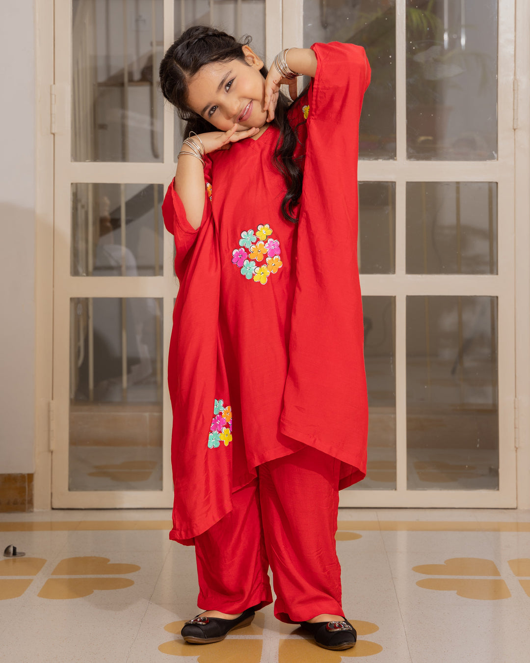 Adora Red Handpainted Muslin Coord Set