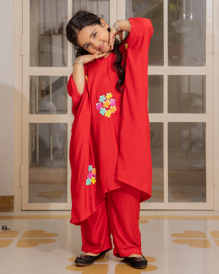 Adora Red Handpainted Muslin Coord Set