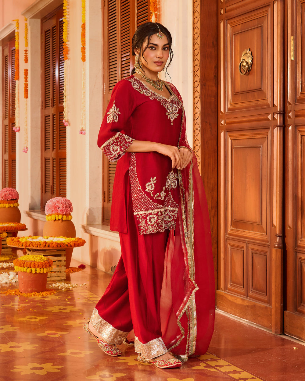 Shubhika Red Embroidered Chanderi Farsi Salwar Set
