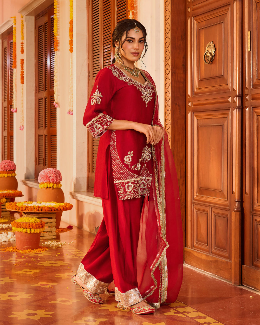 Shubhika Red Embroidered Chanderi Farsi Salwar Set