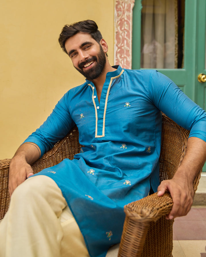 Piyush Teal Chanderi Embroidered Kurta
