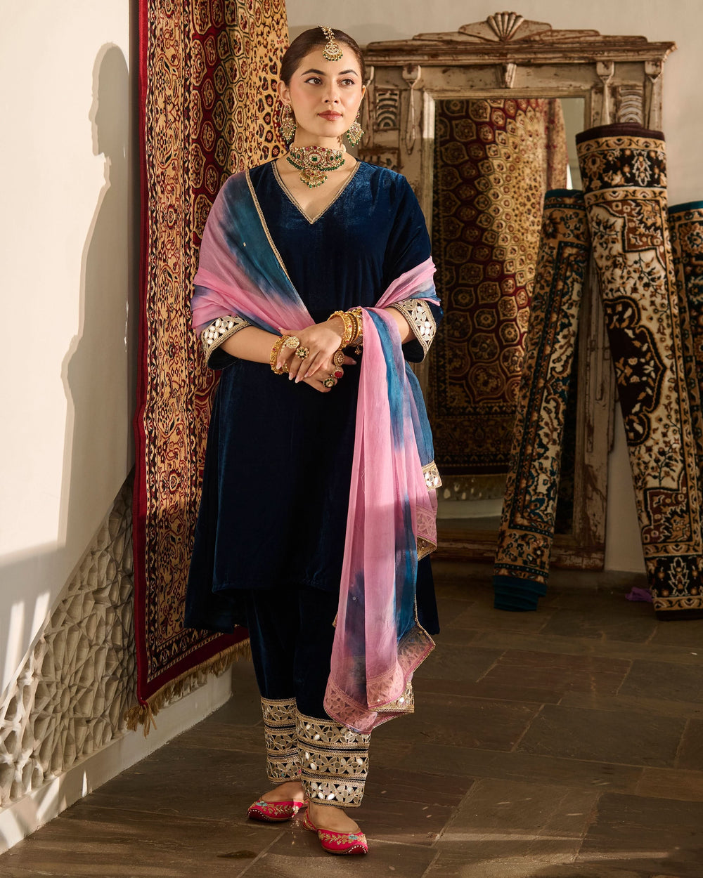 Amodini Blue Solid Velvet Suit Set
