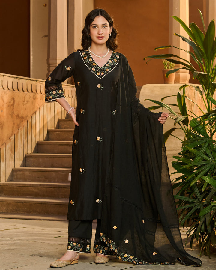 Bela Black Embroidered Cotton Suit Set