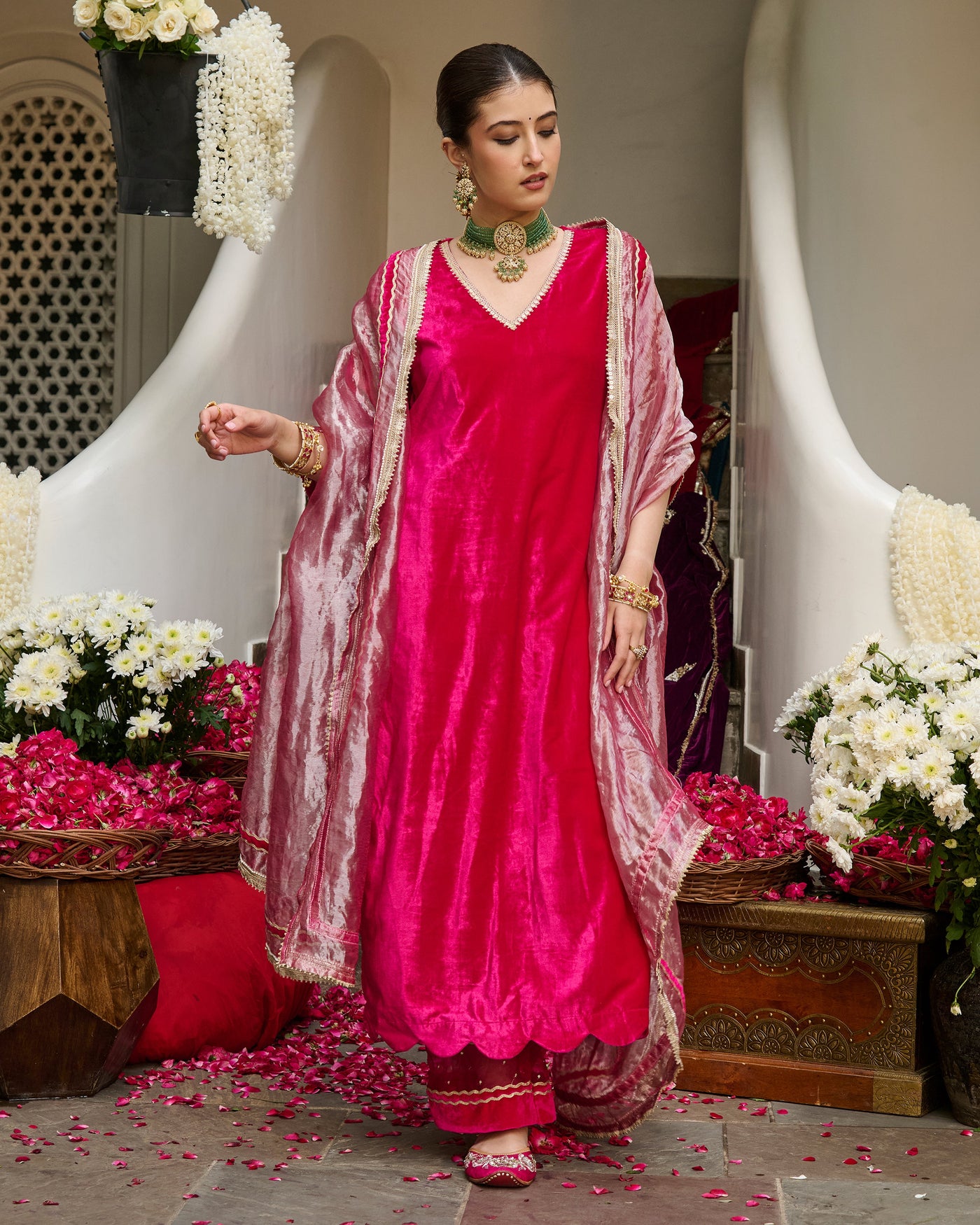 Rima Pink Solid Velvet Suit Set