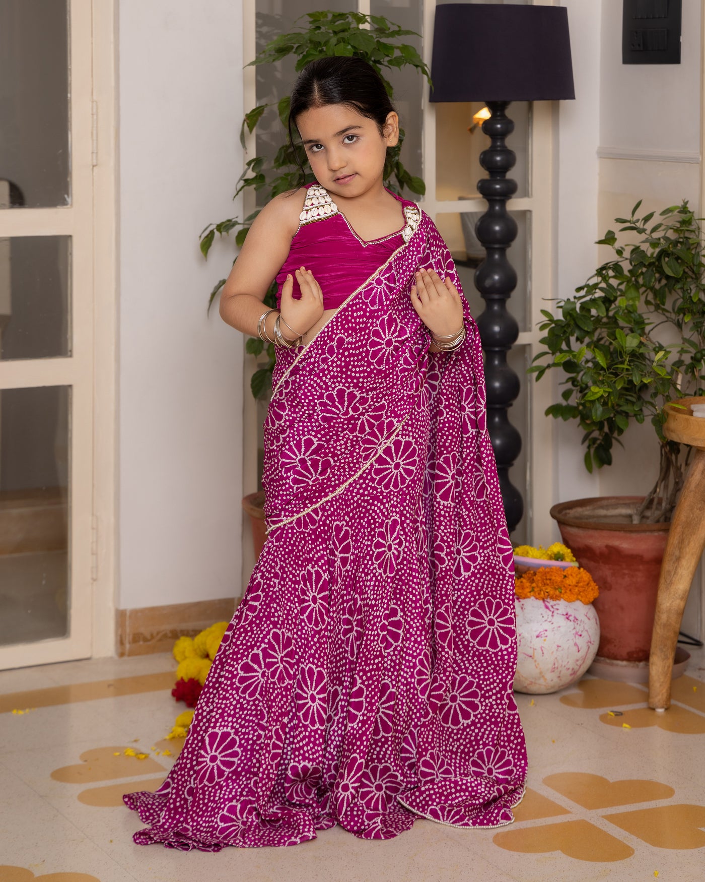 Mahi Purple Bandhani Crepe Pre Draped Saree