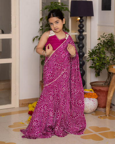 Mahi Purple Bandhani Crepe Pre Draped Saree