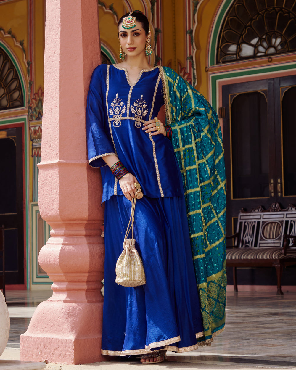 Ishani Blue Embroidered Chanderi Suit Set