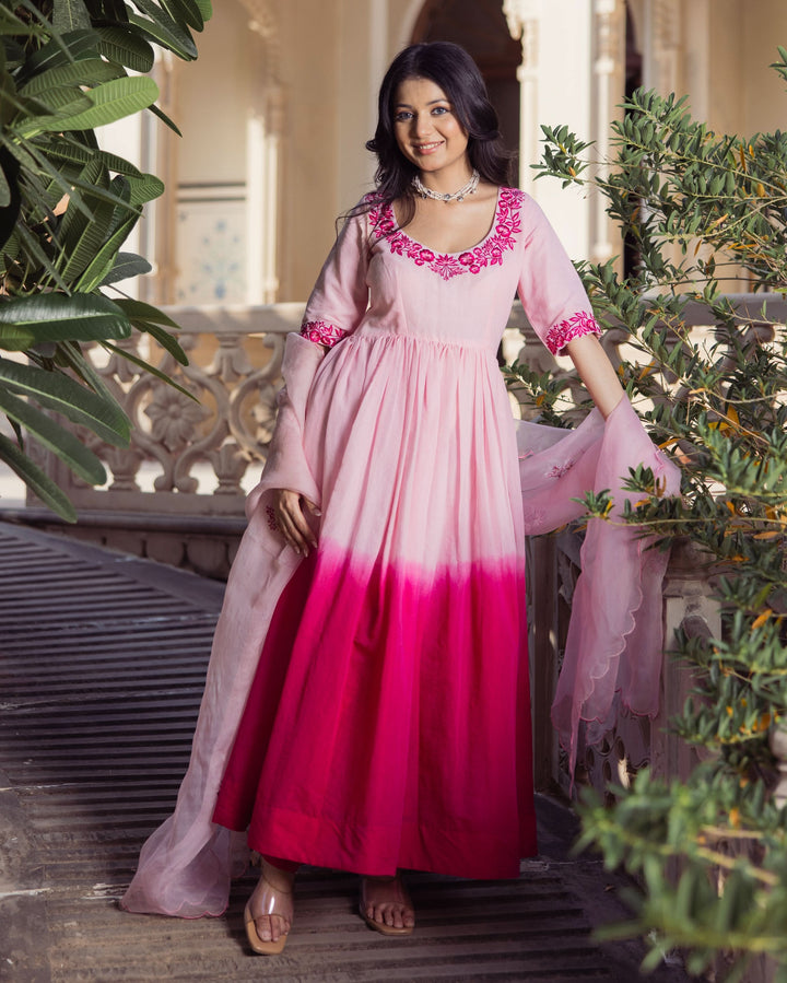 Sweetheart Pink Ombre Embroidered Chanderi Suit Set