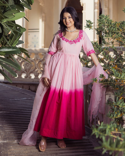 Sweetheart Pink Ombre Embroidered Chanderi Suit Set