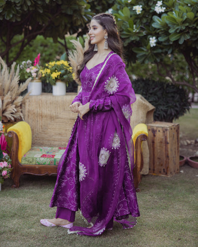 Anuraag Purple Bandhani Muslin Suit Set