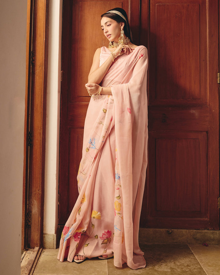 Vana Rose Pink Handpainted Chiffon Saree