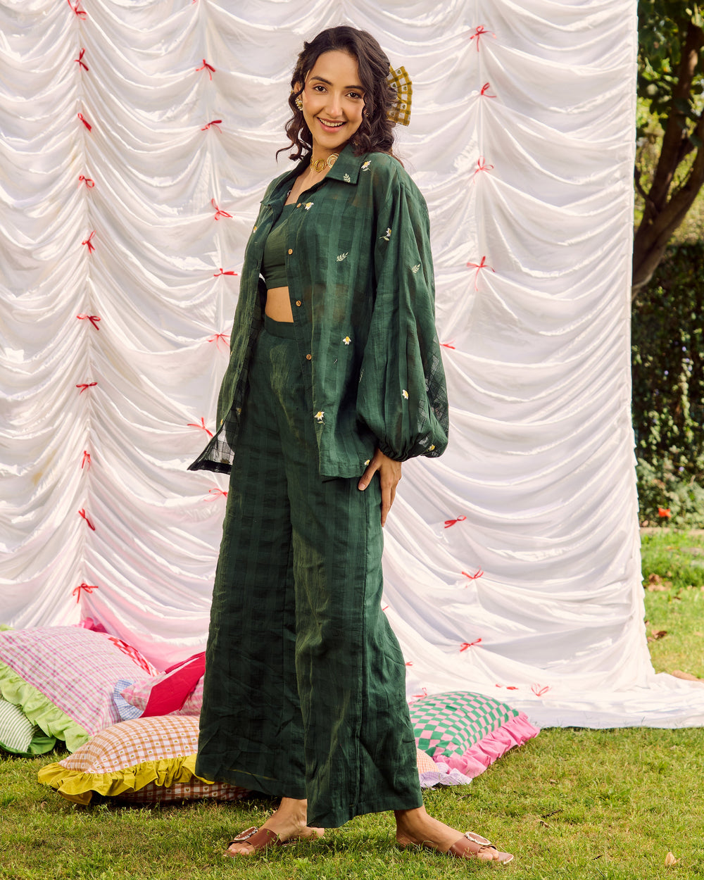 Gina Green Embroidered Cotton Checks Solid Coord Set