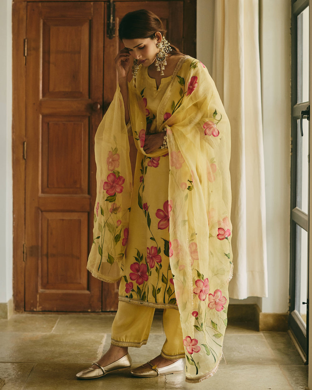 Varnaya Yellow Handpainted Viscose Organza Suit Set