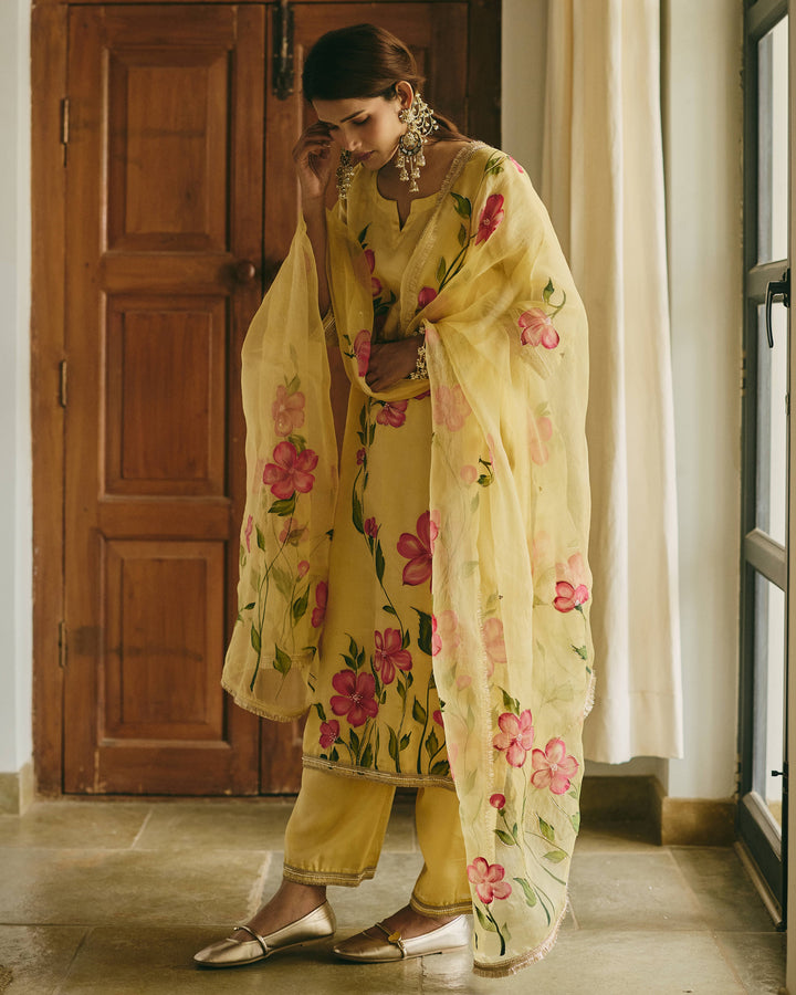 Varnaya Yellow Handpainted Viscose Organza Suit Set