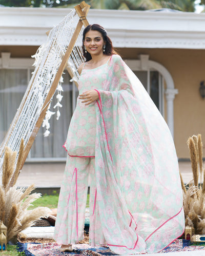 Kinaaz Sea Green Printed Georgette Sharara Set