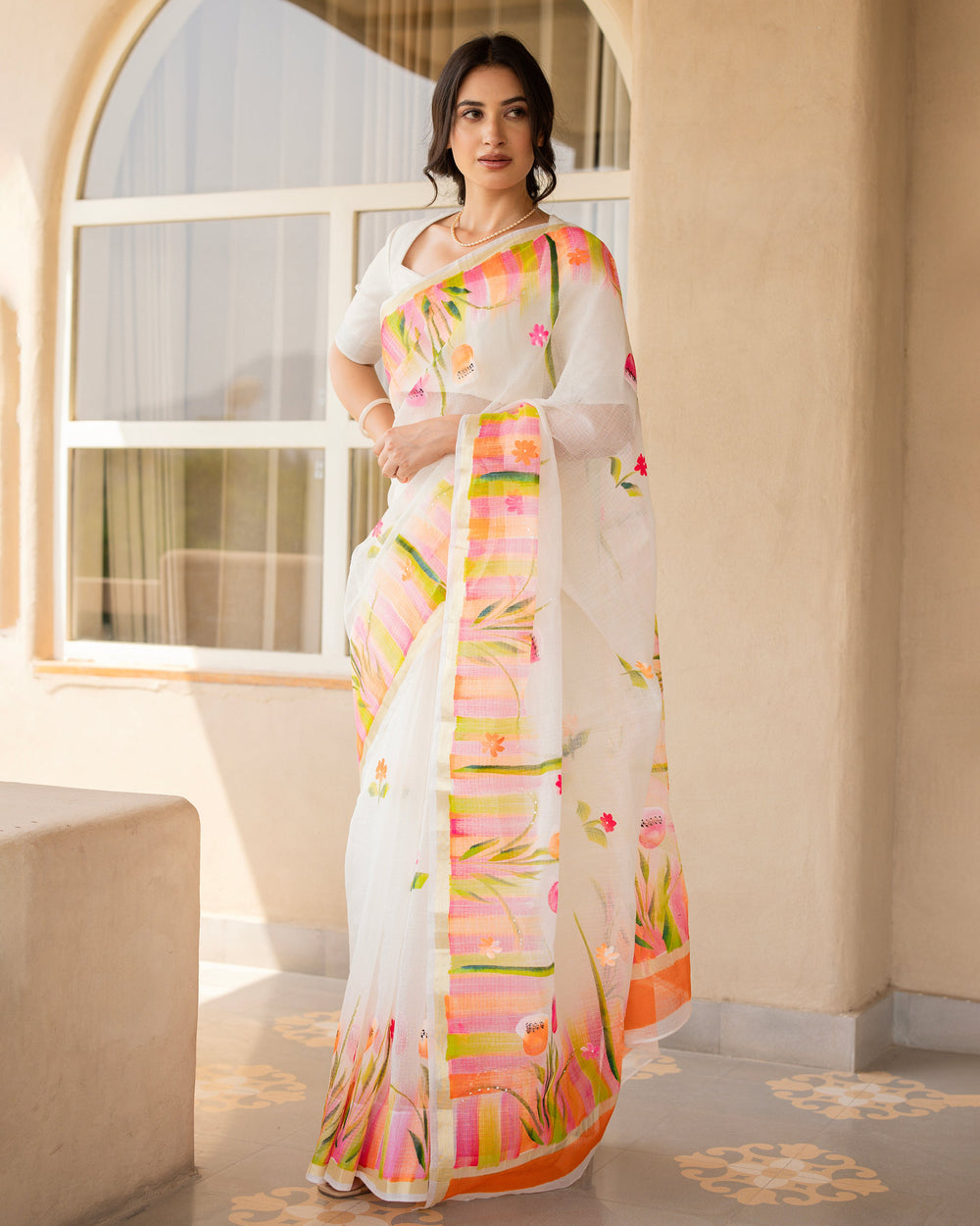 Zarmina White Doria Handpainted Saree