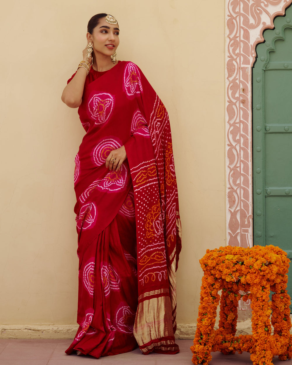 Maru Red Bandhej Silk Saree