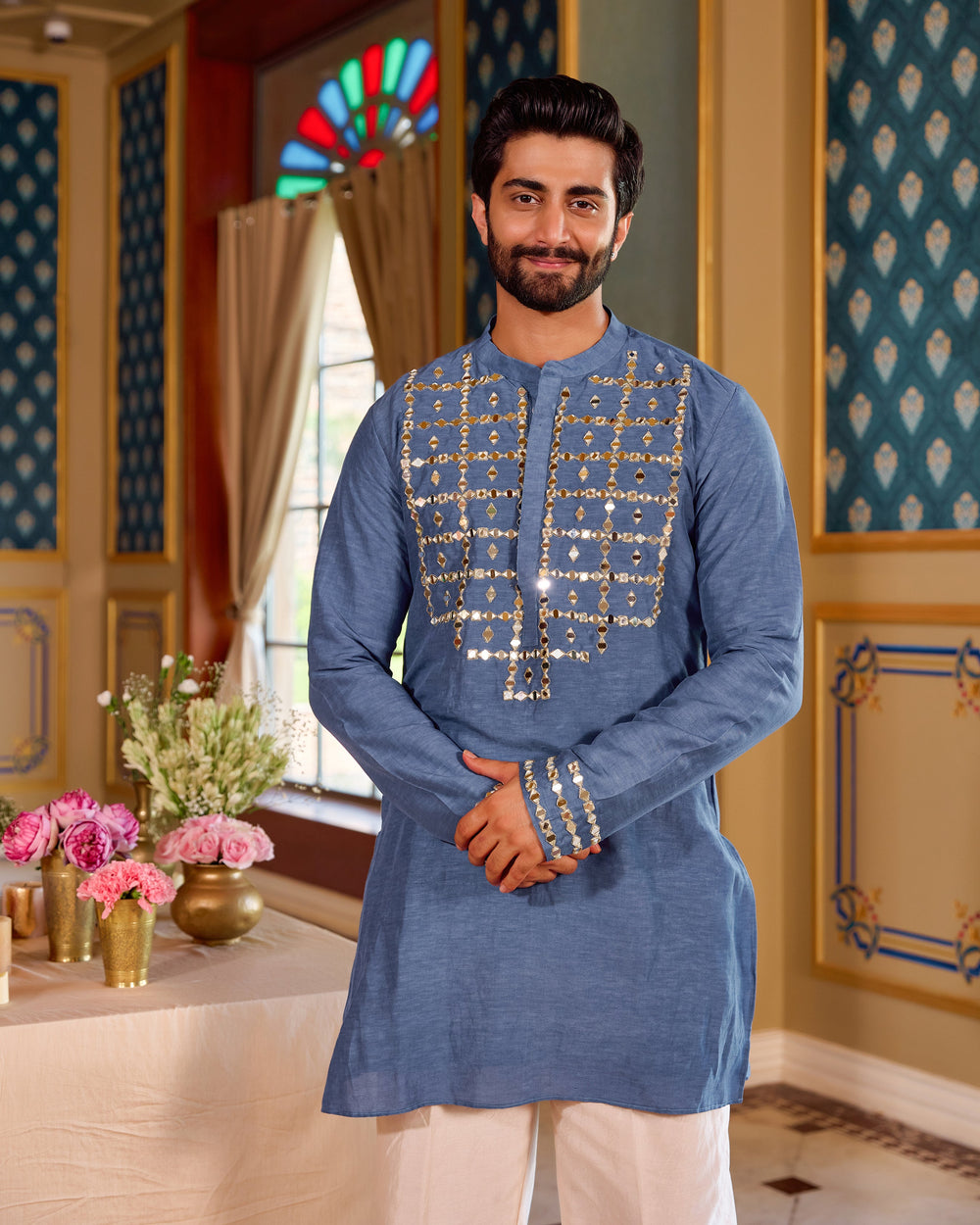 Tattva Blue Silk Embroidered Kurta