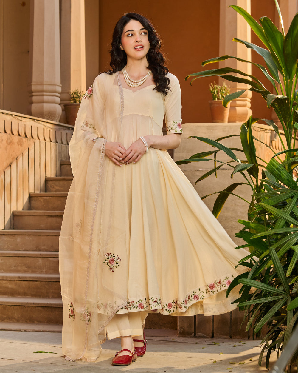 Nazra Cream Embroidered Cotton Suit Set