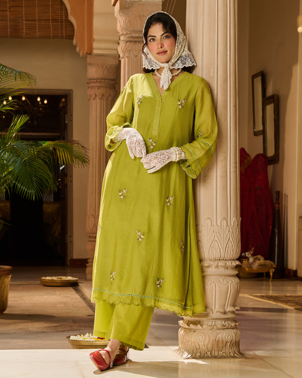 Nino Green Embroidered Cotton Checks Kurta Set
