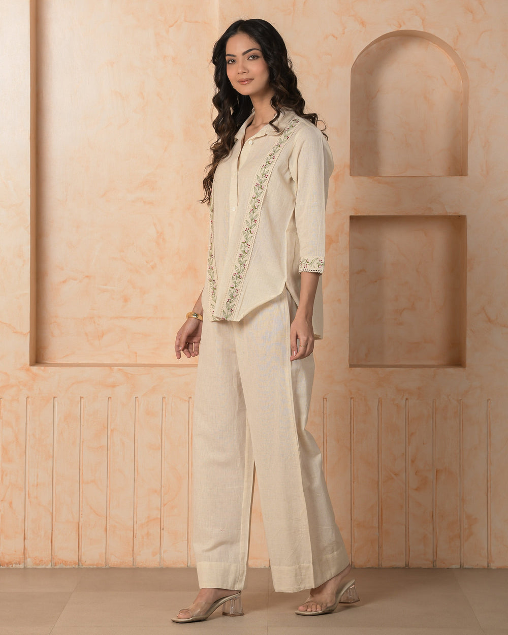 Zafira Cream Embroidered Cotton Flex Coord Set
